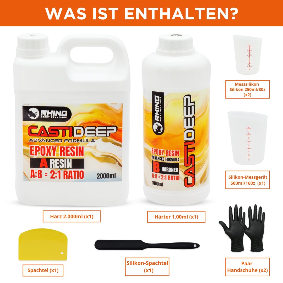 RHINO Smart Solutions TRANSPAREX+ 2000ml Epoxidharz Set 1:1 Resin 1.000ml Kristallklar mit Härter 1.000ml für Gießen Beschichtung DIY Malerei Handwerk Holz Deko Tischplatte | Ink Zubehör Kunstharz
