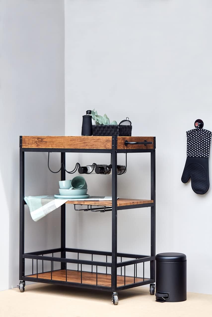 WENKO Rolling Storage Cart for Kitchen, 3 Tier Rolling Cart for Kitchen Storage, Home Bar Furniture, Black, Dimensions 31.89 x 16.34 x 8.07 in