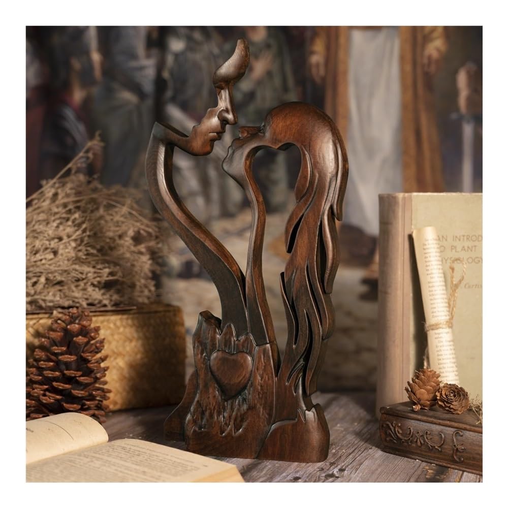 Wohndeko 10 Zoll große hölzerne Skulptur eines küssenden Paares – romantische abstrakte Liebesstatue for Jahrestag(Retro,10 Inch)