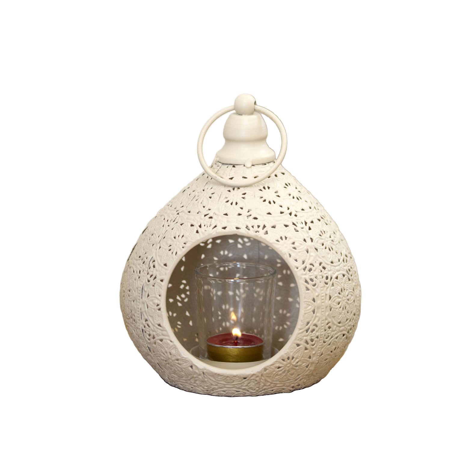 White Moroccan Teardrop Candle Lantern, Metal, Pierced Design, Hanging or Freestanding, for Pillar Candles and Votives, 15x20x15cm