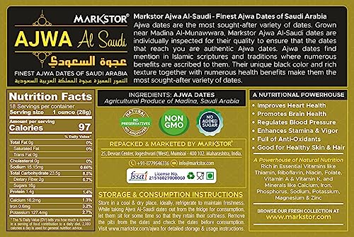 Image of MARKSTOR Ajwa Al-Saudi - Finest Original Ajwa Dates 1Kg Pack (Khajoor /Khajur) Of Madina, Saudi Arabia - 500 Grams X 2 Boxes, Fresh