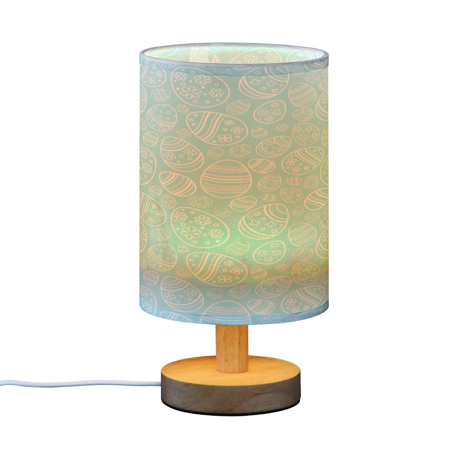 SDMKA Easter Pattern Blue Bedside Table Lamp for Bedroom, Minimalist Nightstand Lamp with Round Fabric Shade for Living Room, Office, No Bulb Required