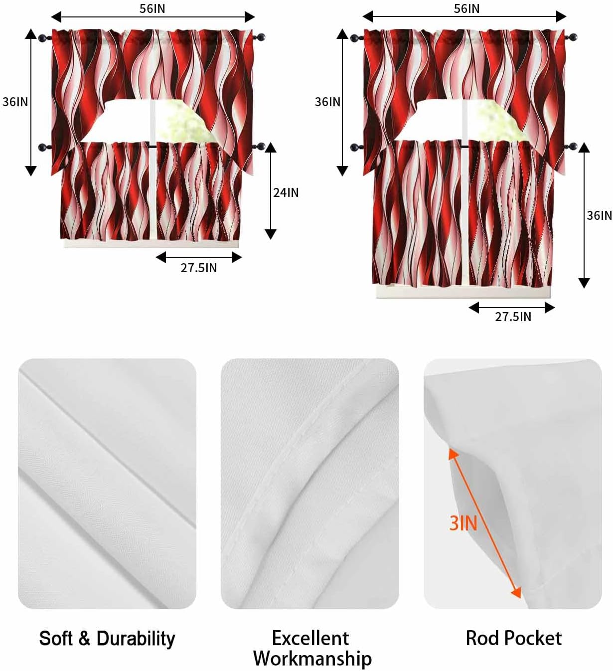 Modern Red Swag Kitchen Curtain Sets with Valance,3 Pieces Rod Pocket Curtain Drapes for Bedroom Living Room Bathroom Cafe Windows,Abstract Geometric Stripes White Grey 56''x36'' & 36''x27.5''x2Panels