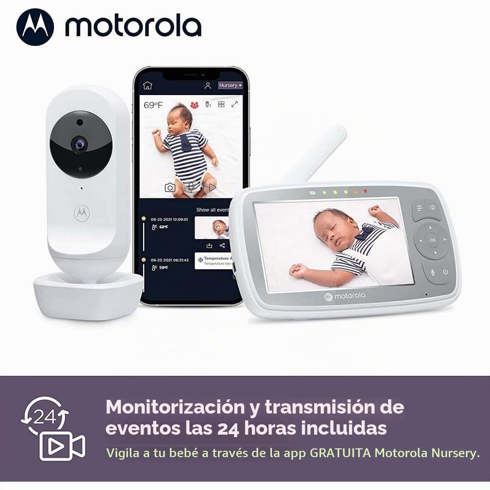 Motorola Nursery VM44 Connect - Wi-Fi Babyphone con cámara, Monitor de 4.3", Aplicación Motorola Nursery, Visión nocturna, nanas, micrófono, monitoreo de temperatura ambiente, 1 Unidad (Paquete de 1)