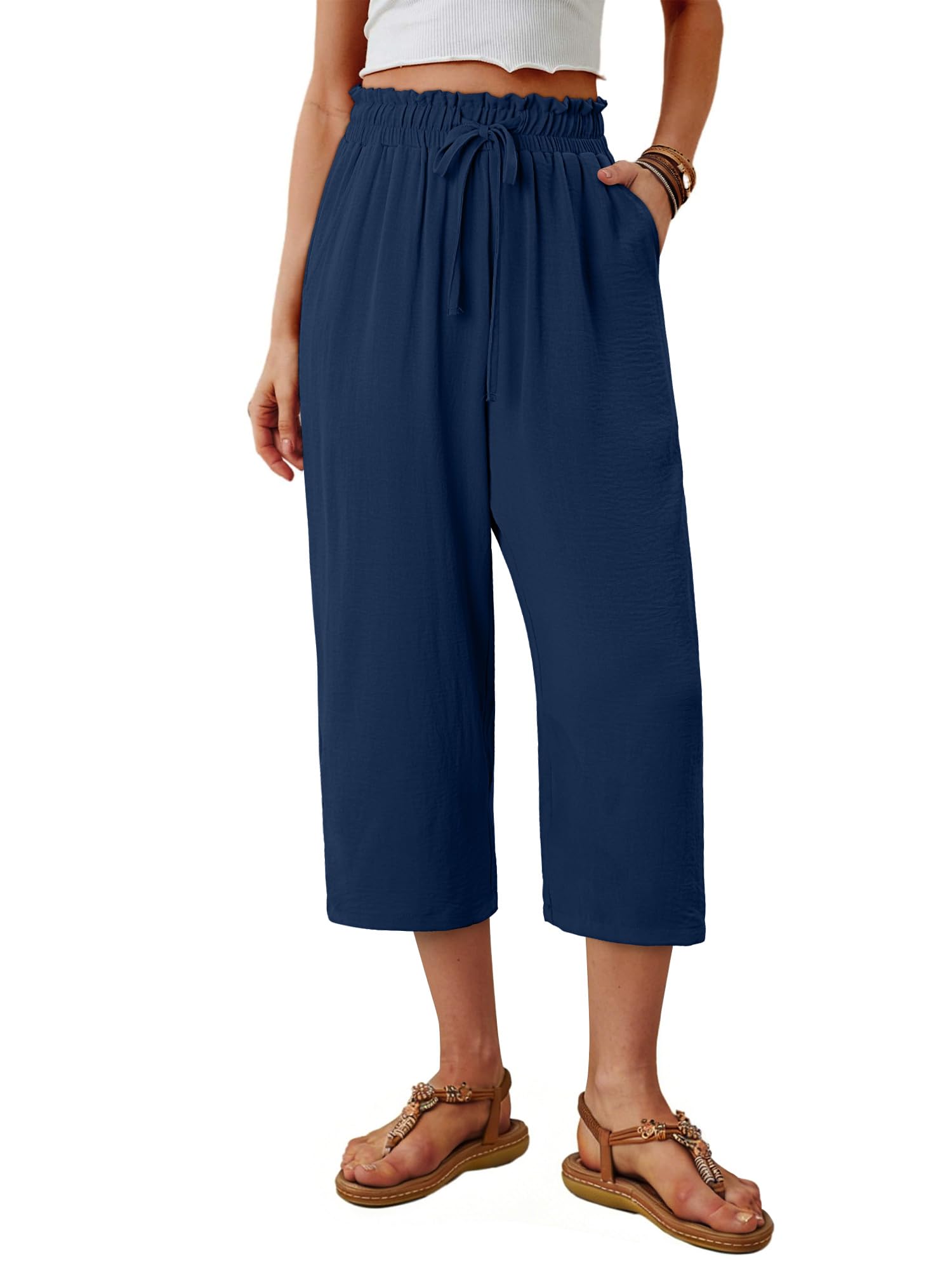 CRAZY GRID Womens Wide Leg Capri Pants Paper Bag High Waisted Trendy Flowy Summer Beach Cropped Palazzo with