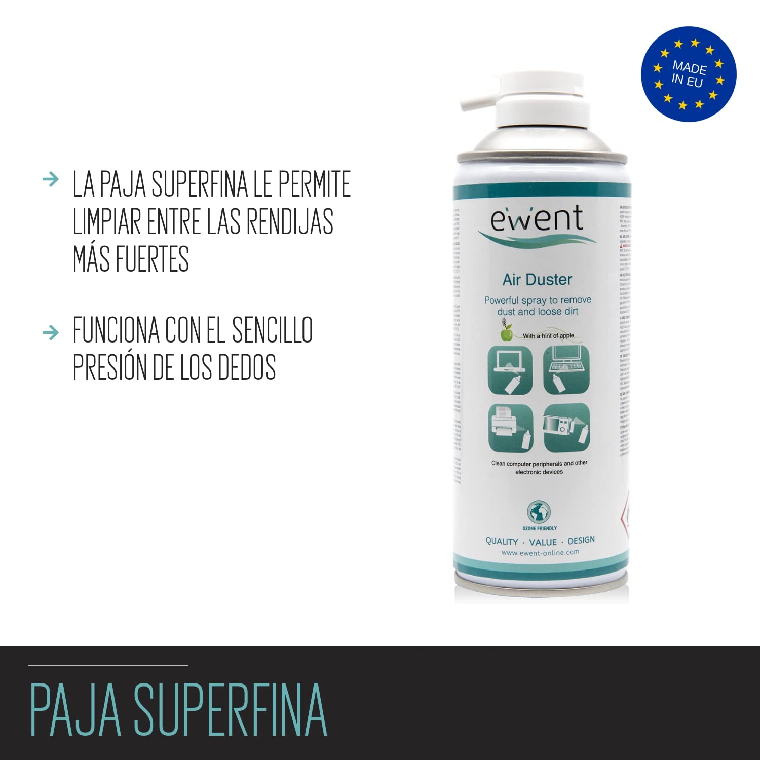Ewent Lata de aire comprimido, aroma a manzana, 400ml limpieza de accesorios de PC teclados impresoras, televisores, cámaras y otros, spray de contacto tubo de extensión, el embalaje puede variar
