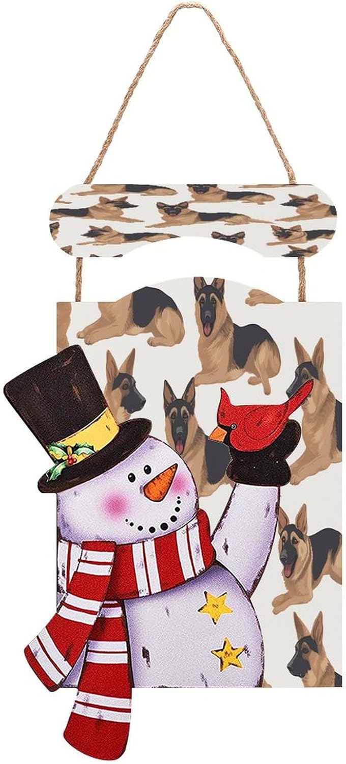 YHEGBFD Christmas Snowman Hanging Painting,German Shepherd Print Winter Snowman Wall Art,Christmas Wooden Wall Hanging Decorations