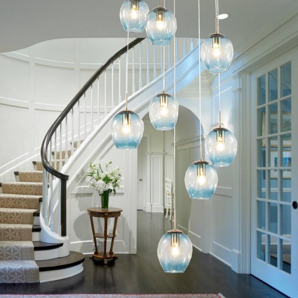 PCXEHUYP 8 Lights Duplex Building Large Chandelier Villa Stair Long Hanging Modern Minimalist Staircase 40x180cm Glass Balls Pendant Light Multi Ceiling Lamp
