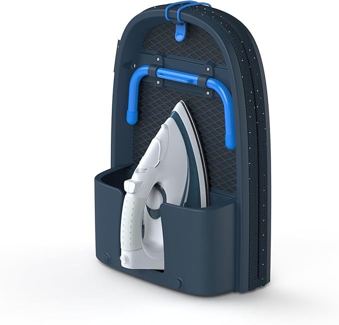 Joseph Joseph Pocket Plus Folding Space saving Compact Tabletop Ironing Board with Iron Holder and wall mount, Blue/Black