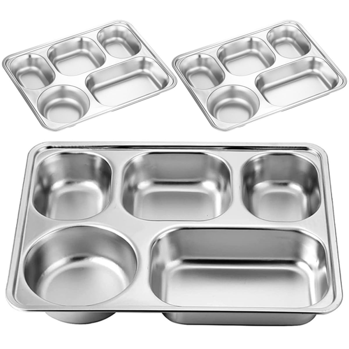 Ipetboom Assiettes Compartimentées Réutilisables Stabilité en Acier Inoxydable Lot de 3 Plateau Repas Argenté pour Camping et Écoles