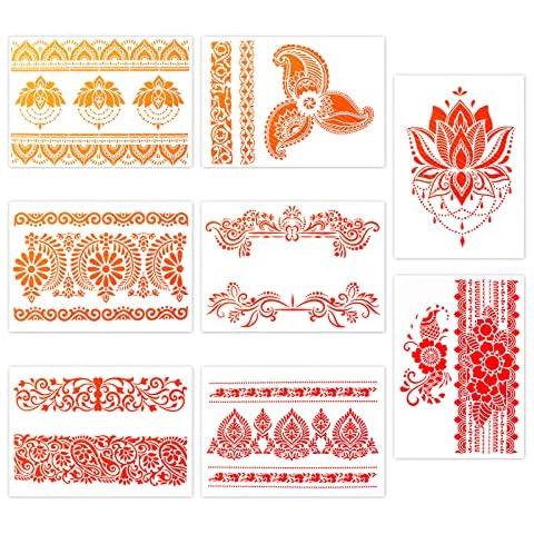 burkfeeg 8 Pcs Flower Border Stencils Reusable Tiles Template Set Drawing Painting Template Mandala Stencils DIY Craft Stencils for Furniture Wall Floor Window Cover