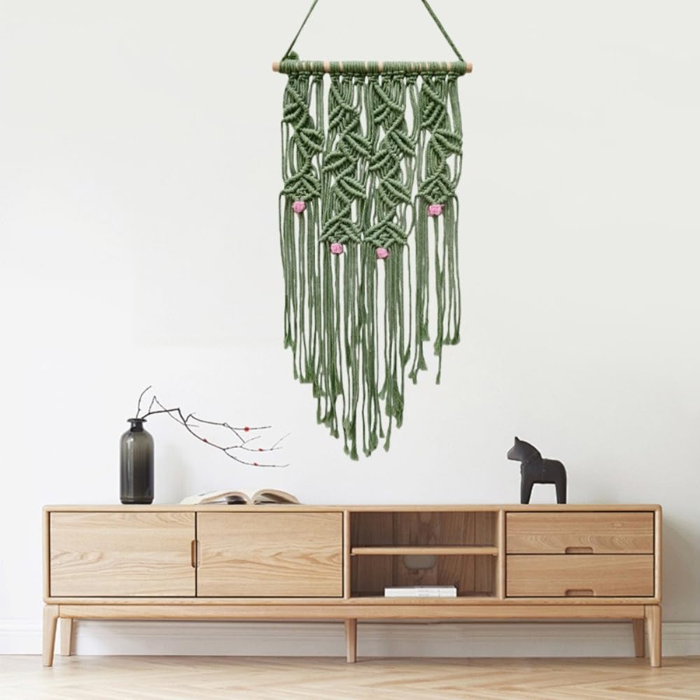 Arazzo da parete in macramè in corda di cotone, 85 x 30 cm, stile boho, con asta di legno, decorazione da parete per camera da letto, soggiorno, appartamento, tenda da parete, 2 pezzi, verde
