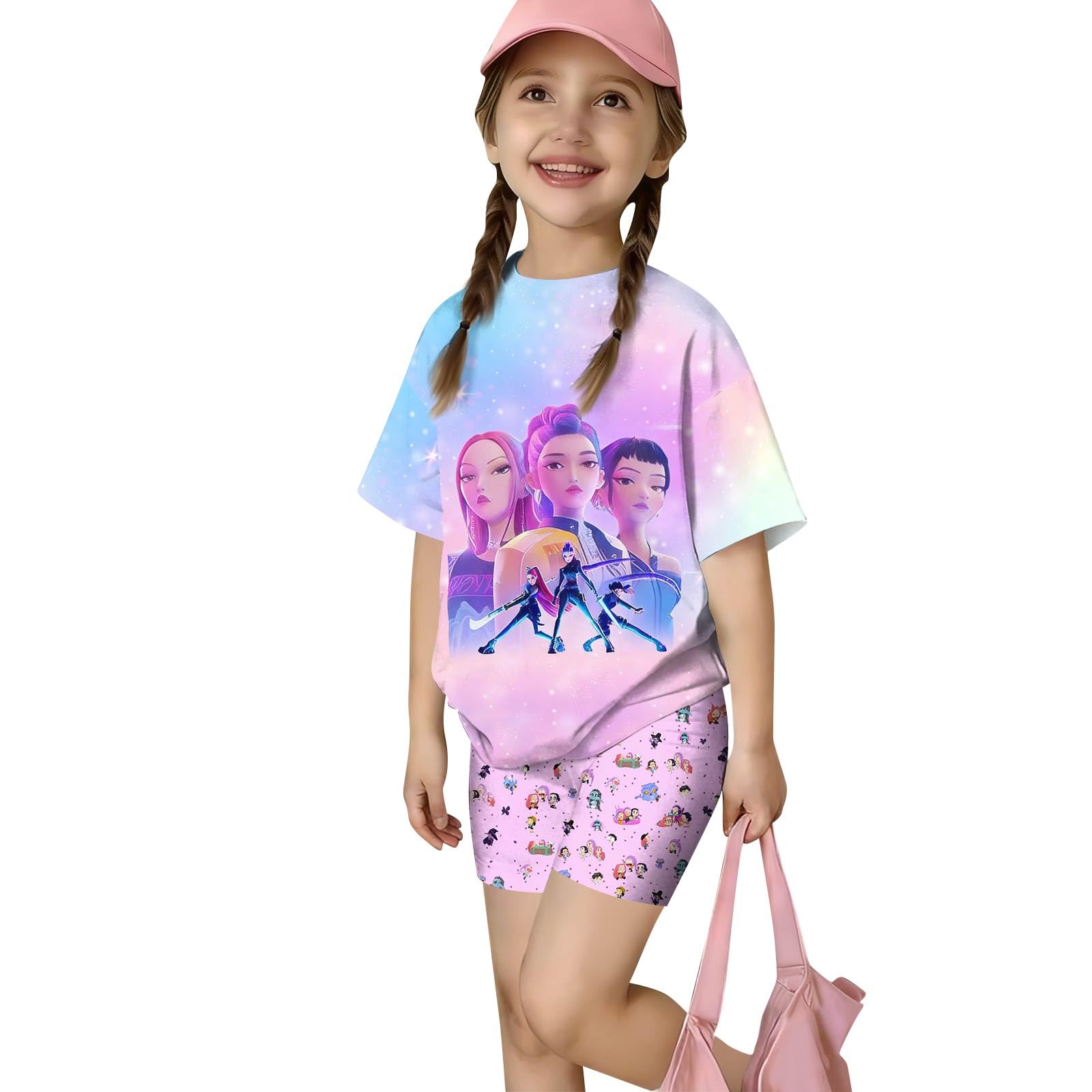 Girls 2 Piece Outfits Cute Singer Cartoon Graphic Short Sleeve Shirts and Shorts Fashion Sets Valentines Day Outfit