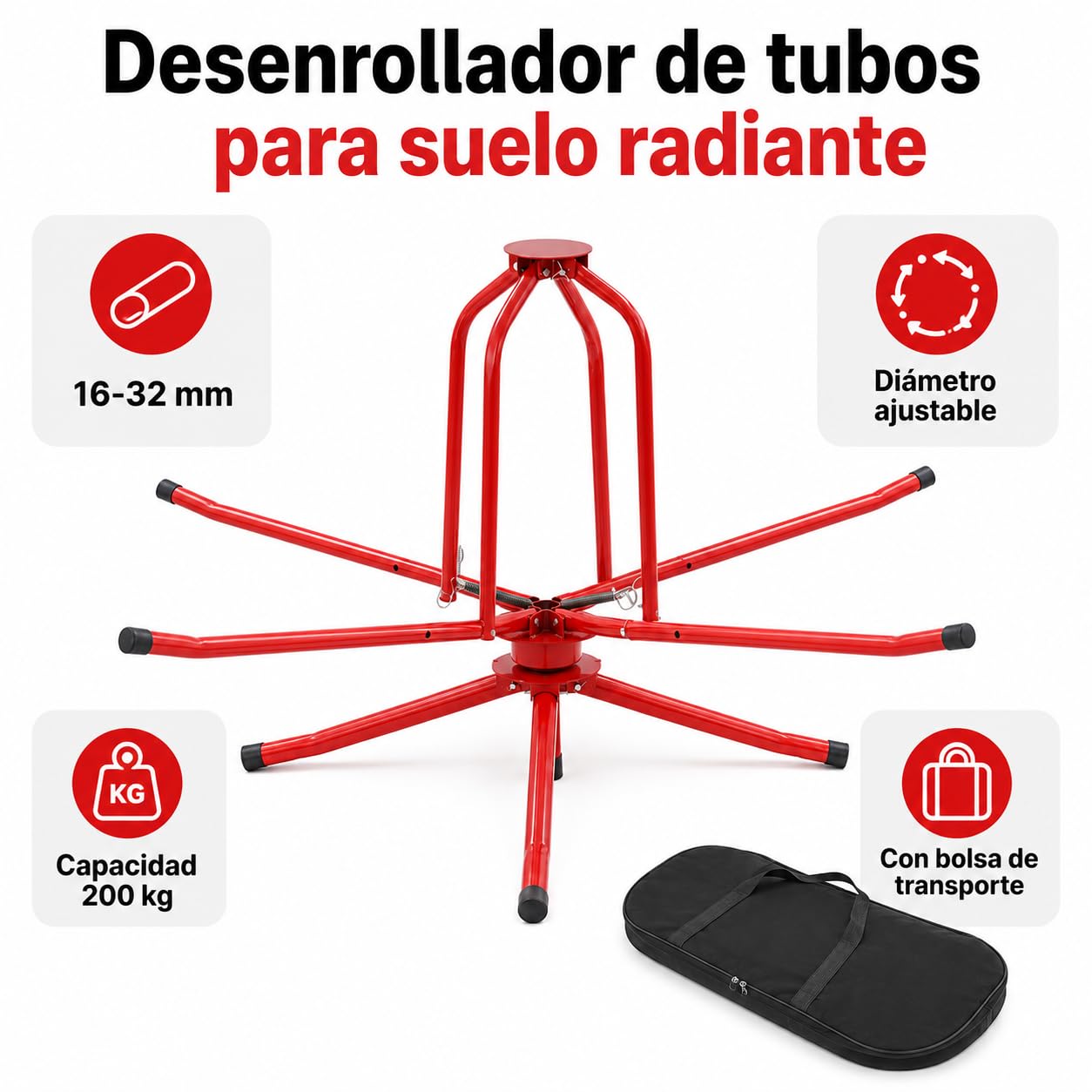 Desenrollador de Tubos para Suelo Radiante 16-32 mm, Enrollador PEX/PERT/AL-PEX con Soporte de Pie, Capacidad 200kg, Diámetro Ajustable y Bolsa de Transporte