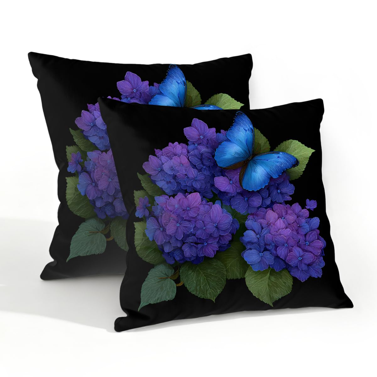Outdoor Pillow Covers Waterproof Pillowcases 20x20in Set of 2 Blue Butterfly Purple Hydrangea Flower Decorative Throw Cushion Case for Couch Sofa Garden Patio Furniture