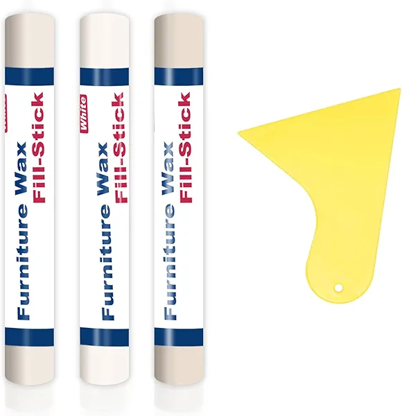Kenbry Wood Filler Sticks 3 Colors White Wax Fill Stick, Wood Repair Kit for Scratches, Crack, Scuffs, Gouges on Wooden Funiture, Floors, Cabinets, Tables, and Doors-Rub Briskly Repair