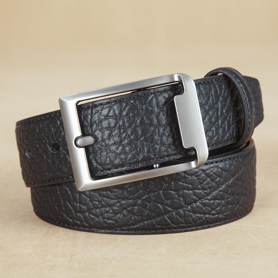 Men's Textured Leather Belt with Silver Buckle, Black, Genuine Leather2