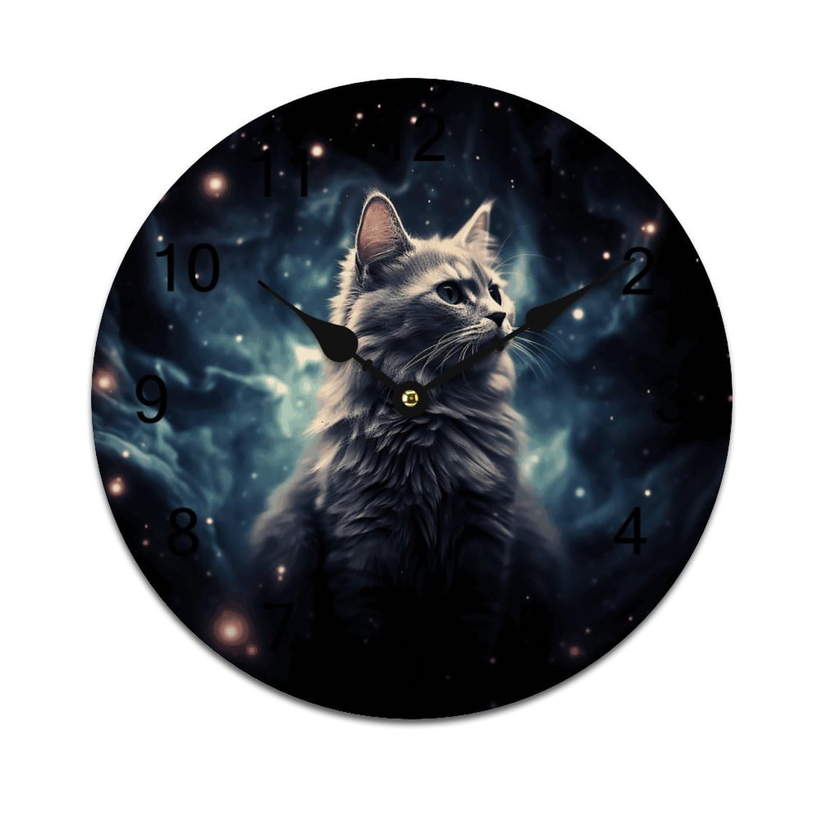Horloge murale silencieuse résolvant le bruit nocturne avec motif chat galaxie