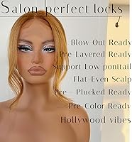 Vista 4 de #27 Peluca de encaje frontal rubia miel sin pegamento, onda corporal, pelucas de encaje frontal sintéticas prediseñadas, con línea de cabello