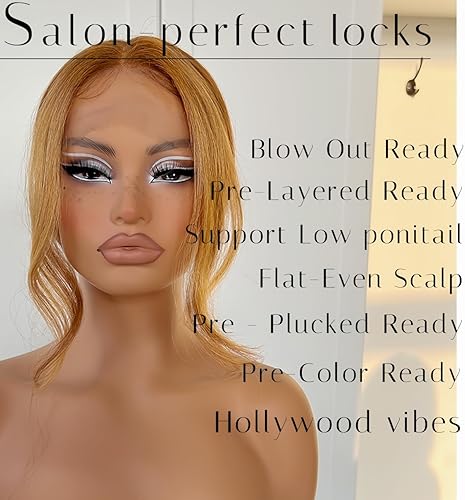 Miniatura 4 de #27 Peluca de encaje frontal rubia miel sin pegamento, onda corporal, pelucas de encaje frontal sintéticas prediseñadas, con línea de cabello