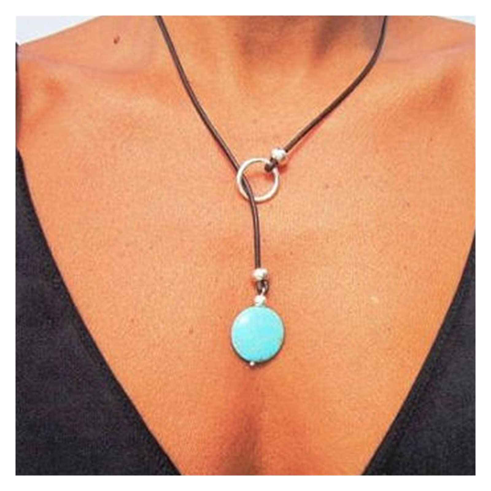 NINA NUGROHO Turquoise Leather Necklace Lariat Necklace Y Shapped Necklace Turquoise Jewelry Boho Gypsy Lucky Ins Korean Ward Off Evil Spirits Fortune Jewelry (Color : Green)