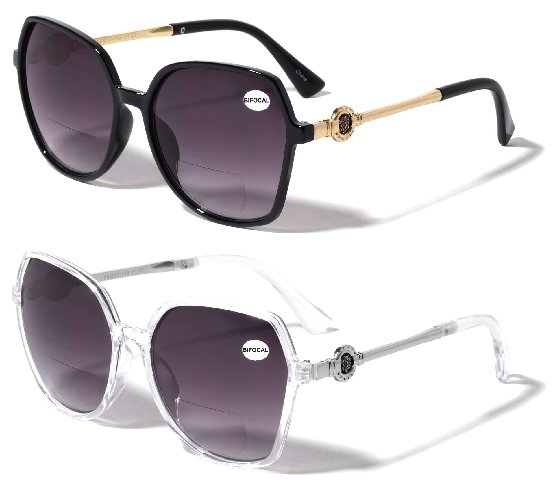 V.W.E. 2 Pairs Oversized Women Bifocal Reading Sunglasses Metal Temple Lion Head Gradient Lens 100% UV