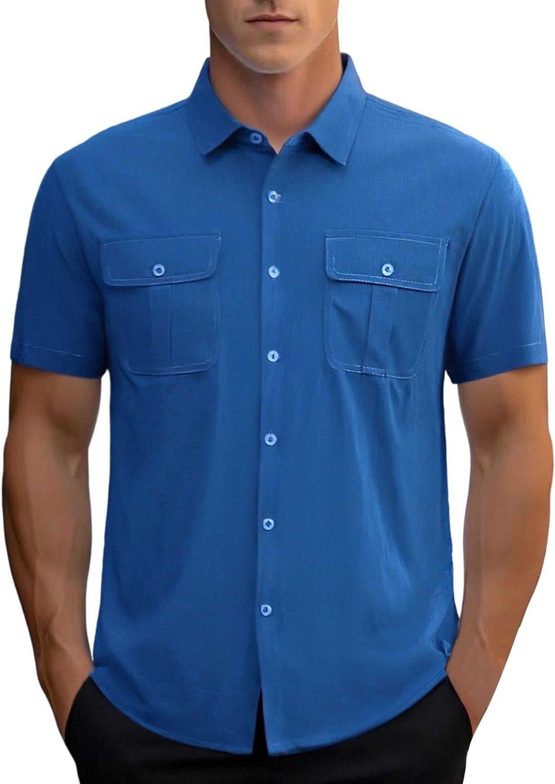 Mens Button Down Short Sleeve Shirt, Regular Fit Button Up Style, Work Wear Tops with Two Pockets for Practical Daily Use