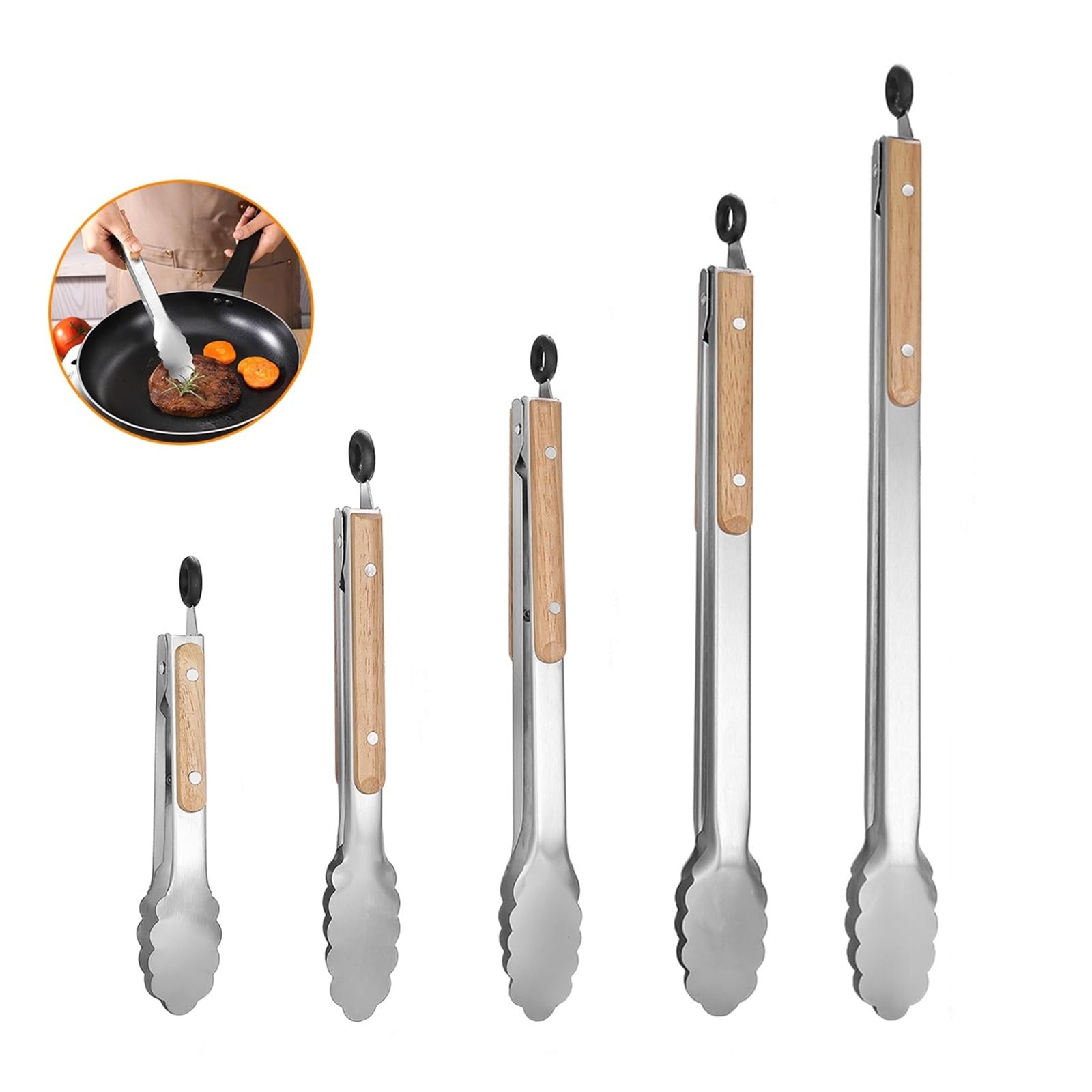 Pinzas de acero inoxidable con mangos madera maciza, barbacoa larga, compatibles carbón, parrilla, cocina(44.5cm)