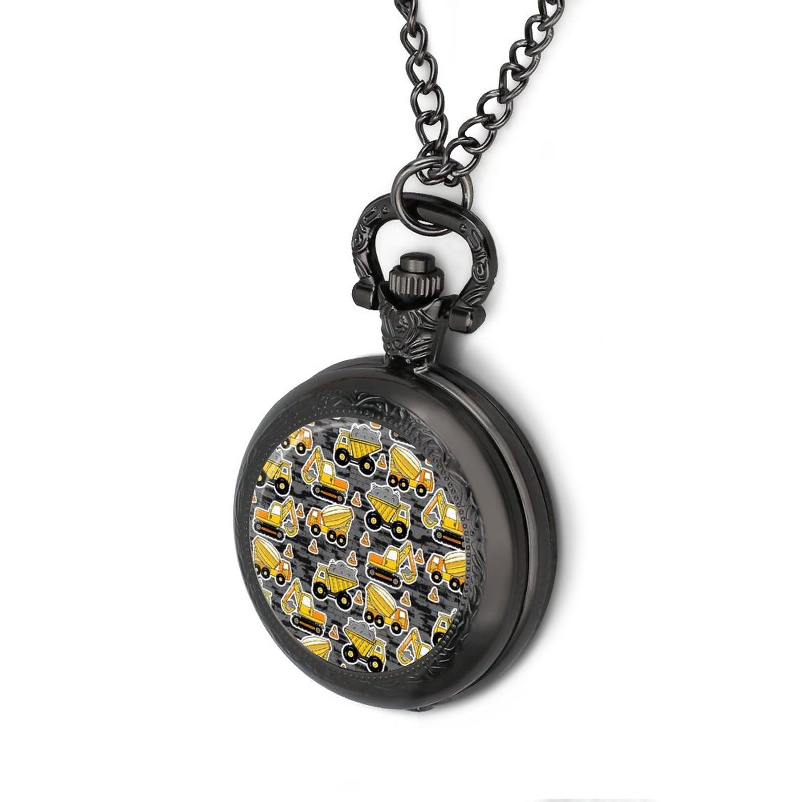 Excavator Construction Vintage Pocket Watch Printed Pendant Watches Necklace with Chain Gift for Friend Lover Family Black-Style