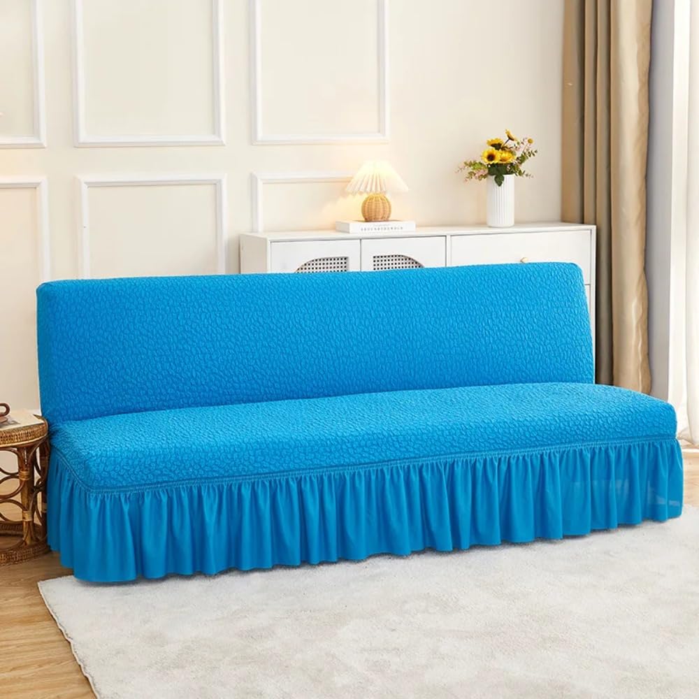 Housse clic clac seersucker bleu pour rénover un canapé usé