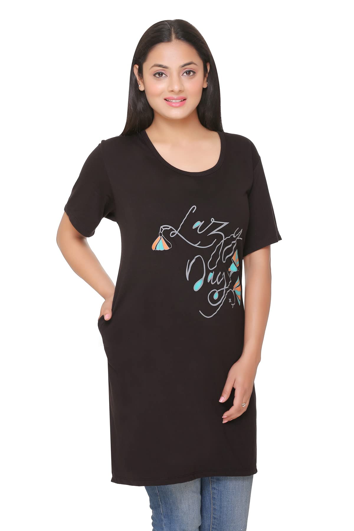 Women's Regular Fit Cotton Round Neck Half Sleeve T-Shirt, Plus Sizes Nightwear, Sleepwear, Gym n Lounge Wear Long Tops