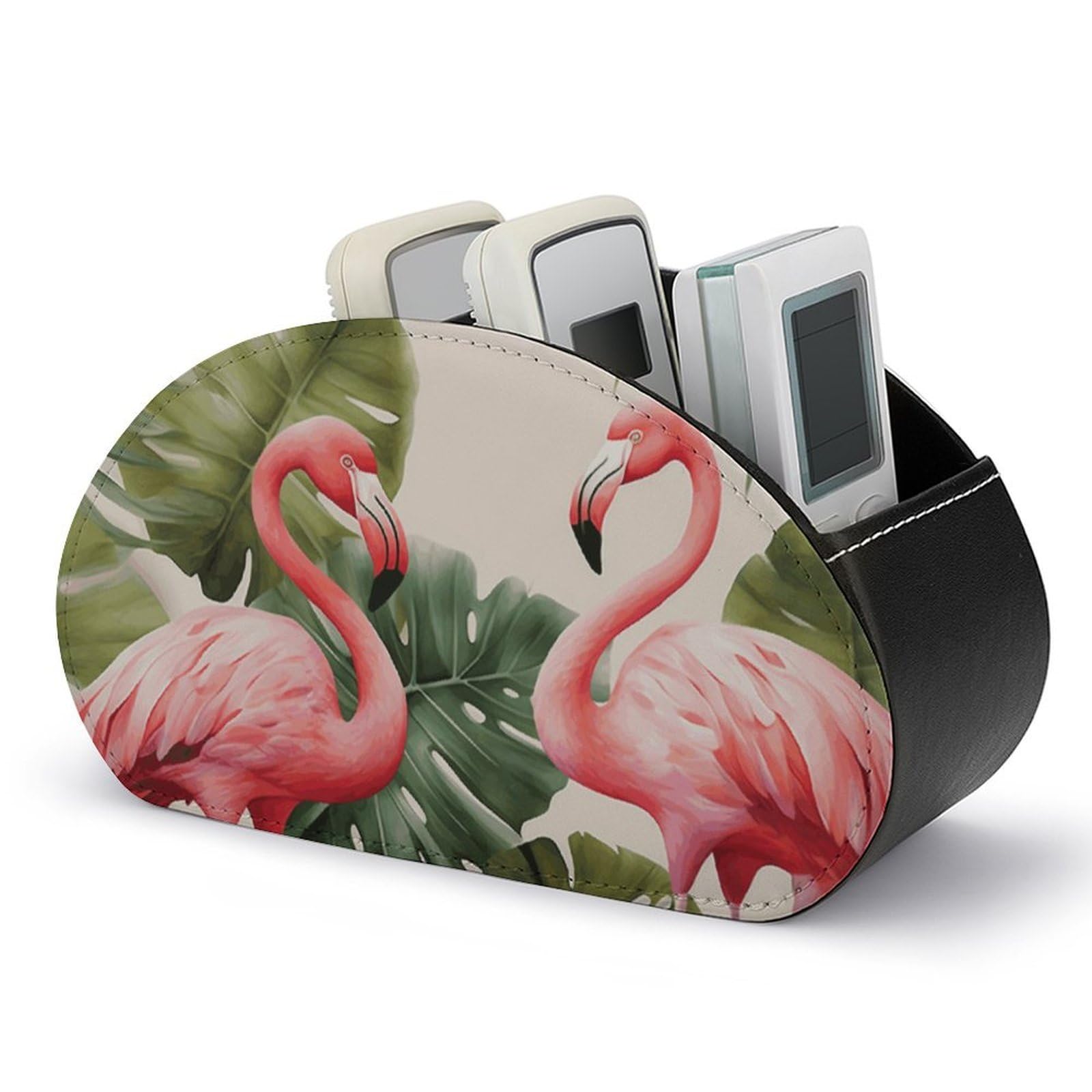 VstaDank Flamingo Palm Trees Leaf Remote Control Holder with 5 Compartments PU Leather Remote Caddy Desktop Organizer Store TV Remote Control Storage Box for Home Office Desk Nightstand