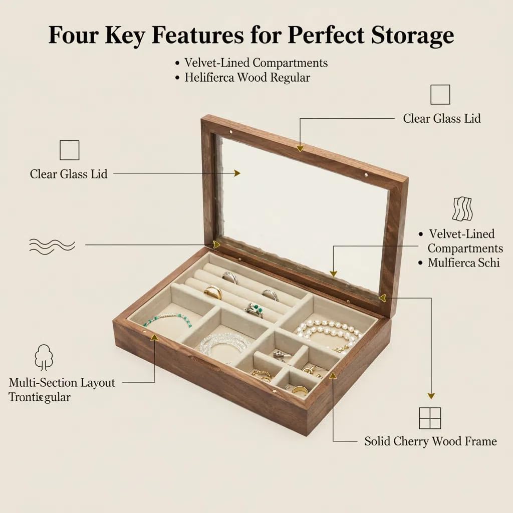 pandapark Wooden Jewelry Box with Glass Lid, Multi-Compartment Storage Display Case, Walnut Brown (Silver Walnut) - Image 2