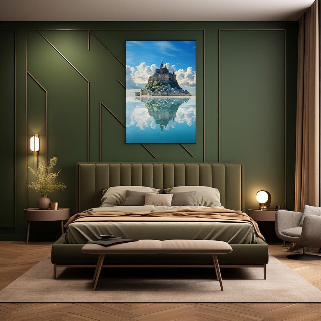 Canvas for Living room. Enchanted Isle of Serenity: A Cathedral's Reflection on Mirror-like Waters Under a Pristine Blue Sky, 27 x 18 inch Canvas Wall Art - Nature Home Decor - 69x46 cm (27x18 inch)
