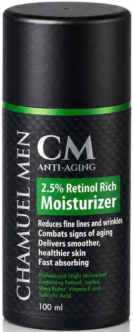 CHAMUEL MEN Daily Face Cream for Men with 2.5% Retinol Anti-Aging Moisturizer for Fine Lines, Dark Spots, and Wrinkles - Overnight Lotion
