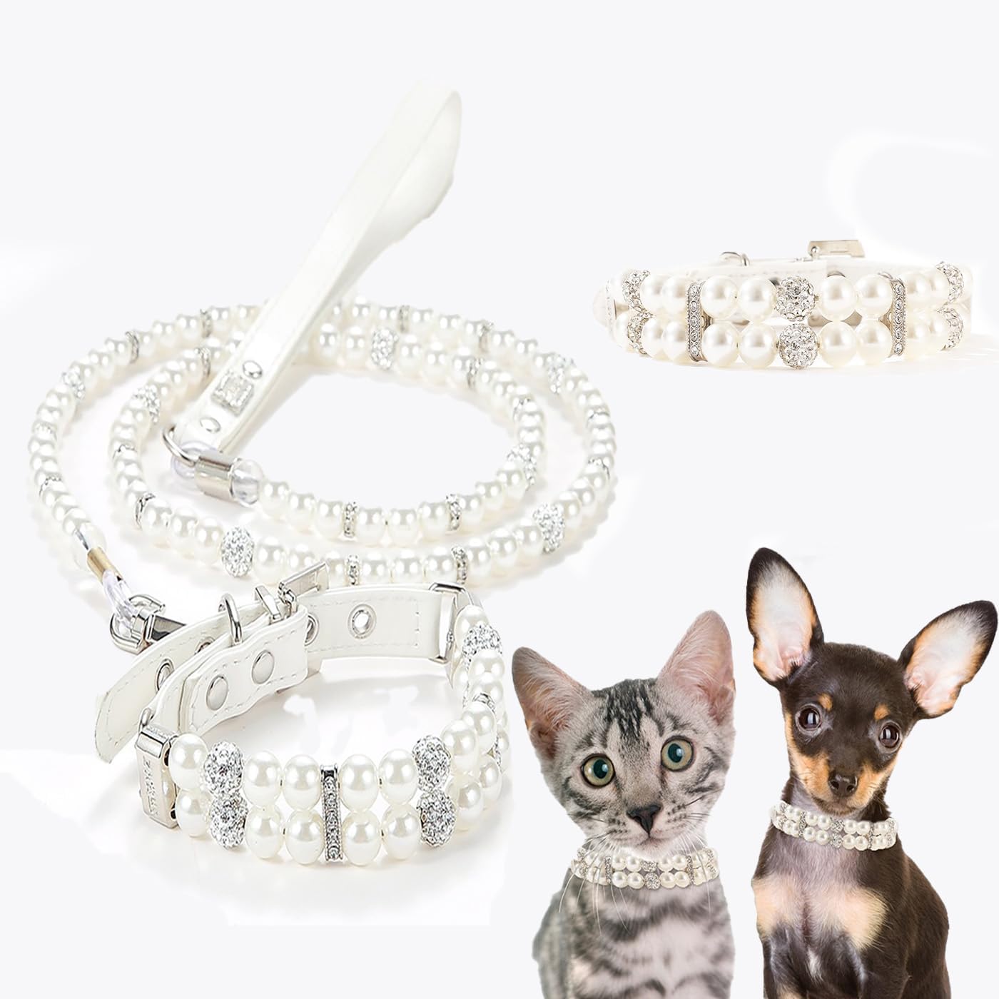 Luxury Pearl Dog Collar and Leash Set, Pink with Crystal Rhinestones, Double Row Pearl Design，Multiple Color Sizes (White, S)