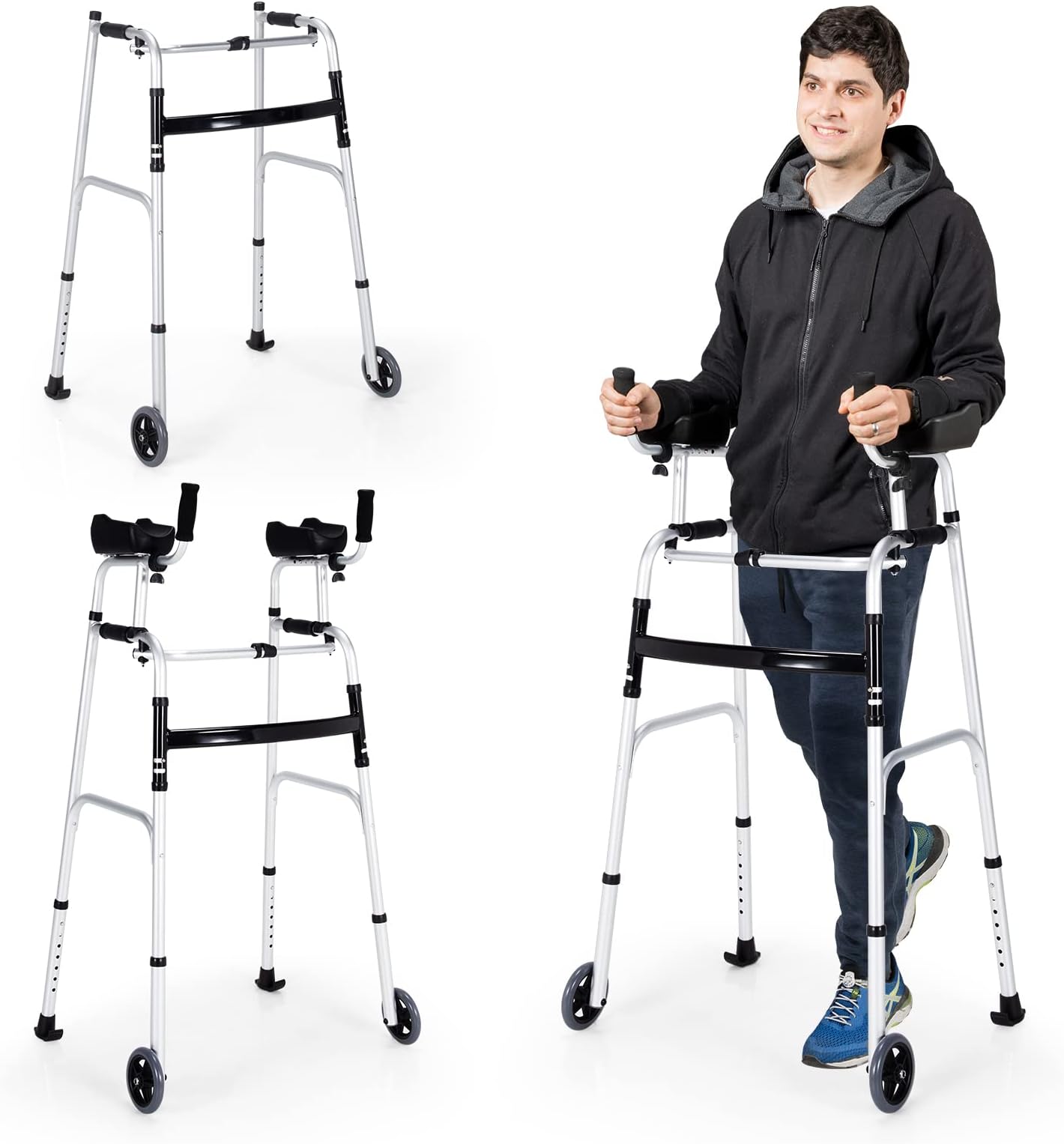 Goplus Walkers for Seniors, Foldable Standard Walker with 5’’ Wheels and Removable Padded Armrests 440lbs, Lightweight Walking Mobility Aid, Folding Platform Walker for Elderly, Handicap, Disabled