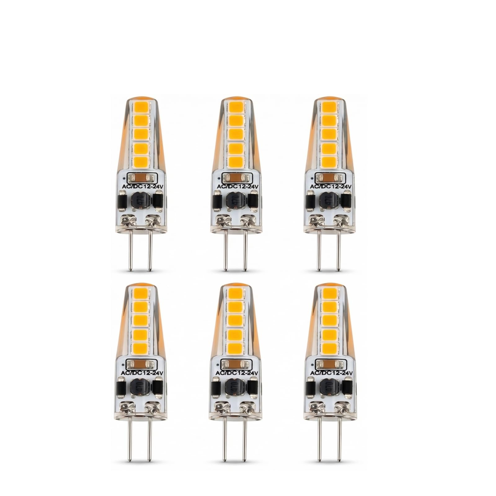 6 Pcs G4 LED Bulbs Warm White 2700-3000K, AC/DC 12-24V 3W, 2 Pin Light Bulbs, 360 Degree, Energy Saving, Non-Dimmable, Non Flicker Replacement 20W Halogen Bulb for Cabinet Chandelier Home Lighting