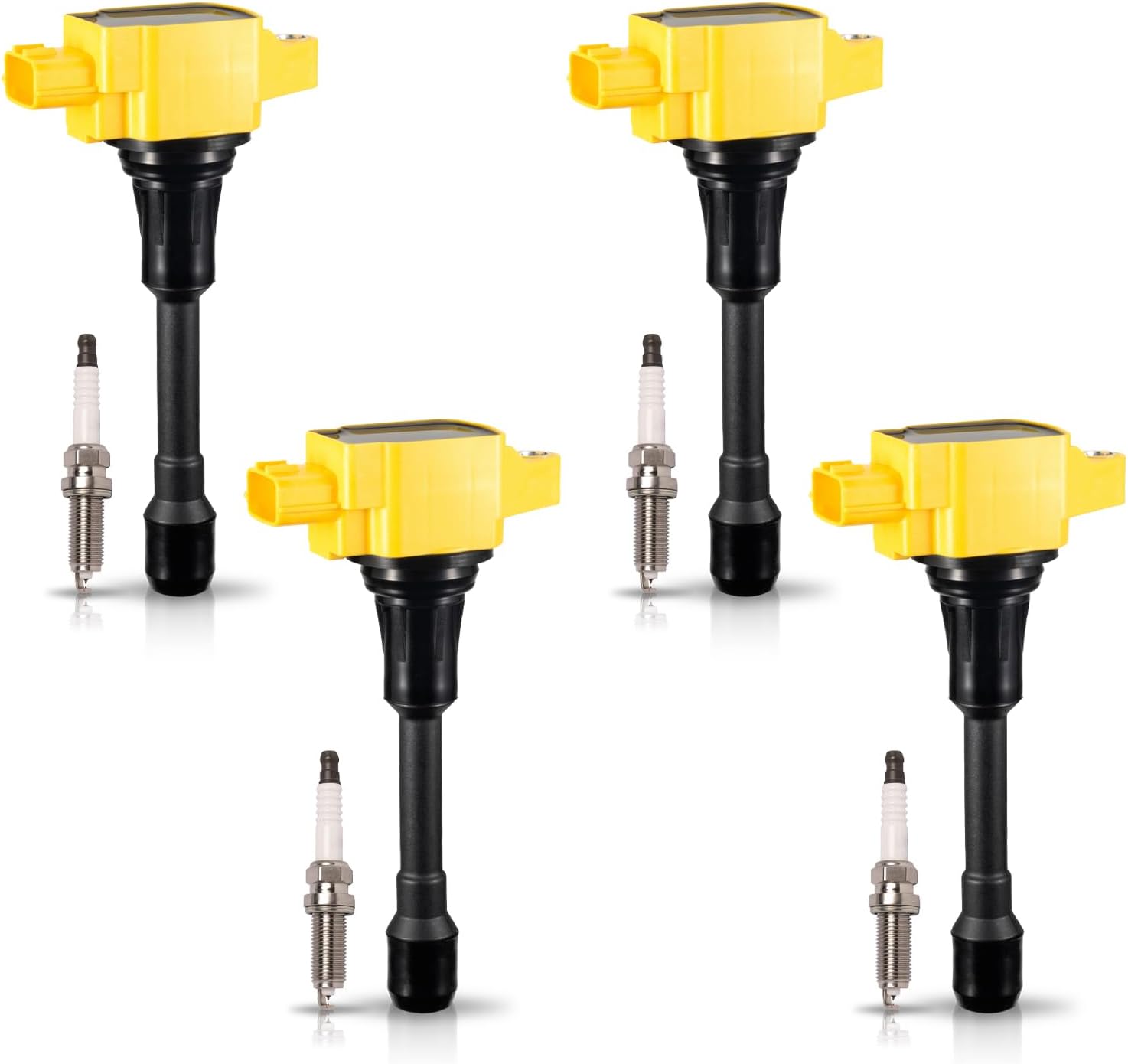 ENA Set of 4 Yellow Ignition Coil Pack Double Iridium Spark Plug Compatible with Nissan 2007 2008 2009 2010 2011 2012 2013 2014 2015 2016 2017 2018 2019 Altima Rogue Sentra Cube Versa 2.5 2.0 1.6 1.8