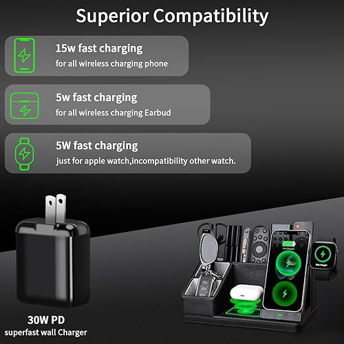 Miniatura 6 de Organizador de escritorio de cuero negro con estación de carga, accesorios de escritorio de suministros de oficina, soporte para bolígrafo para