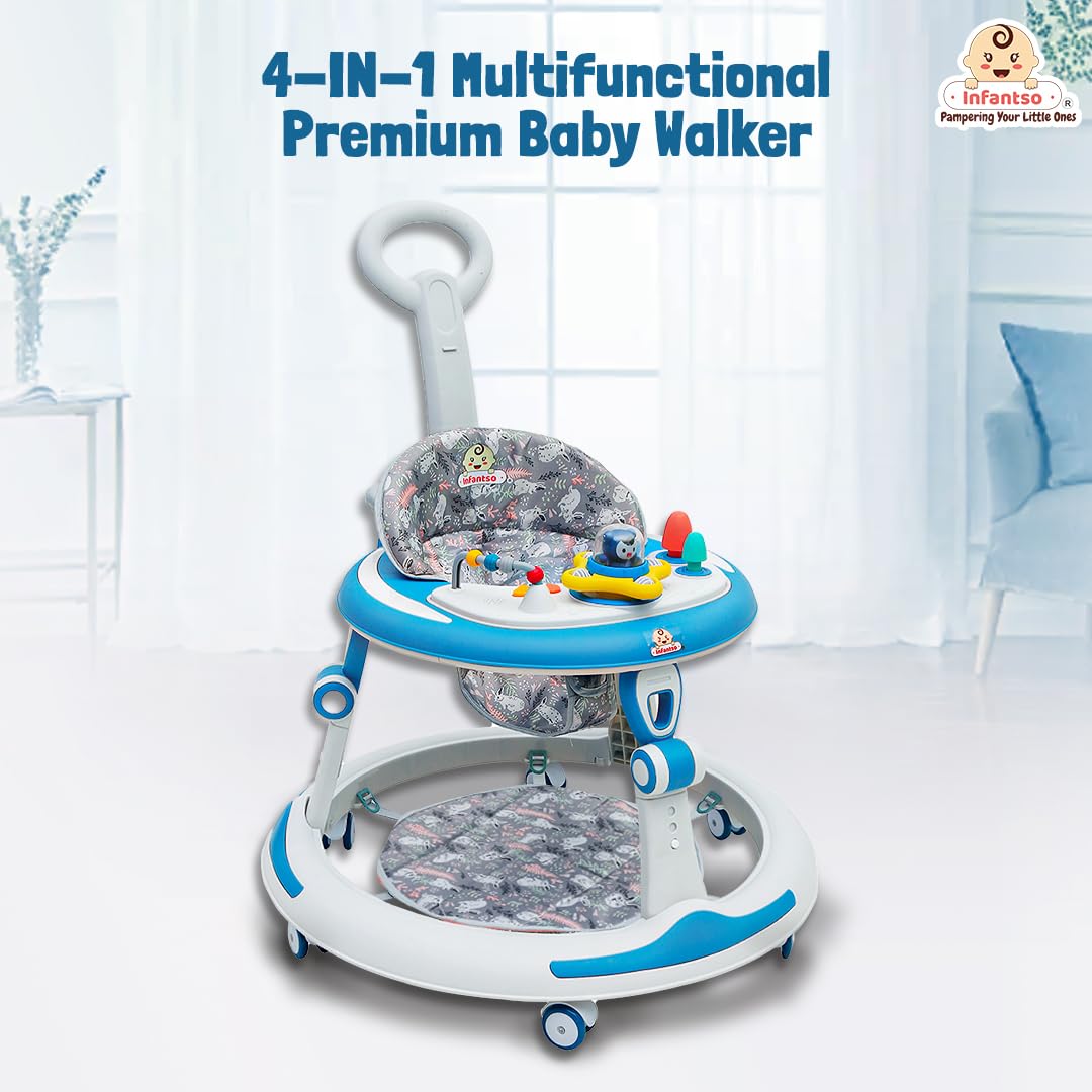 Infantso Sky high 4-in-1 Multifunctional Premium Baby Walker with 3 Level Height and Cushion seat Adjustment - Walker, Bouncer, Feeding Table and Parental Push bar, 6 to 24 Months - 15kgs - 03Blue - Image 2 thumbnail