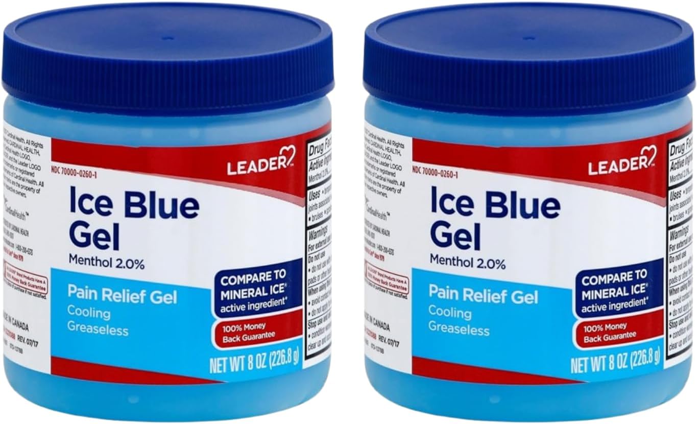 Leader Mineral Ice Blue Gel, Menthol 2% Gel, Topical Analgesic, for Backache & Sport Injuries, for Adults and Kids 2+, 8 Oz (Pack of 2)