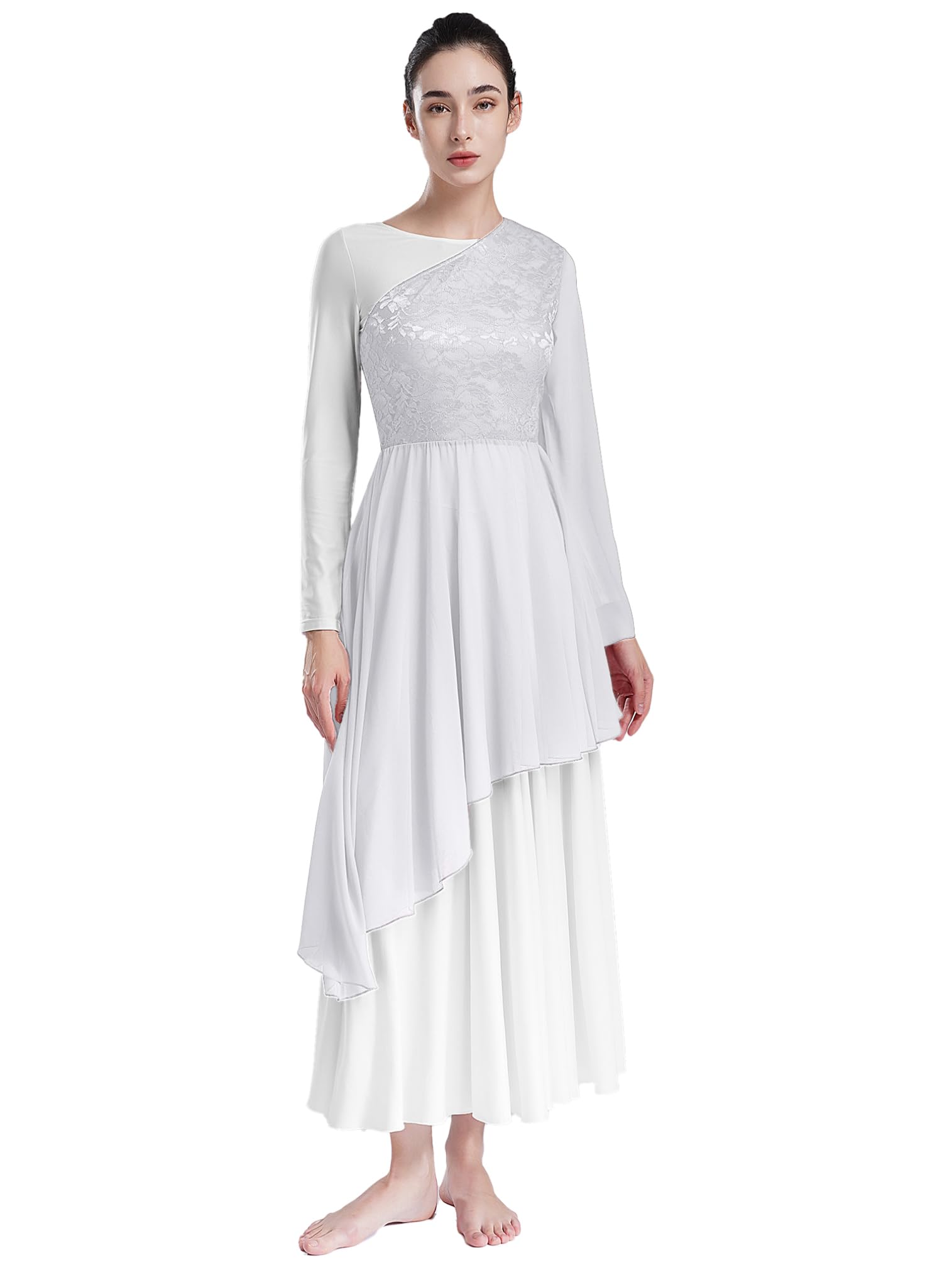 easyforever Praise Dance Dress for Women One Shoulder Church Worship Praise Dance Overlay and Tunics Ivory Medium