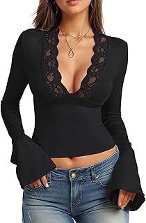 ZPLxi Women's Lace Deep V Neck Tops Long Sleeve Slim Fitted Low Cut Crop Top Fashion Sexy Going Out Blouse for Party Club ...