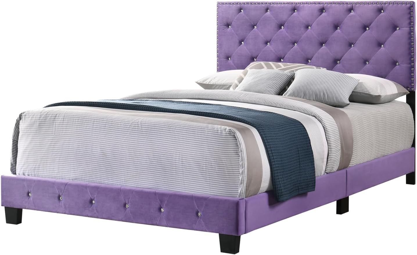 Gothic Grandeur Bed in Luxurious Purple Velvet Upholstery with Deep Tufted Headboard and Footboard, Chrome Nail Head Accents, Faux Jeweled Tufting Queen
