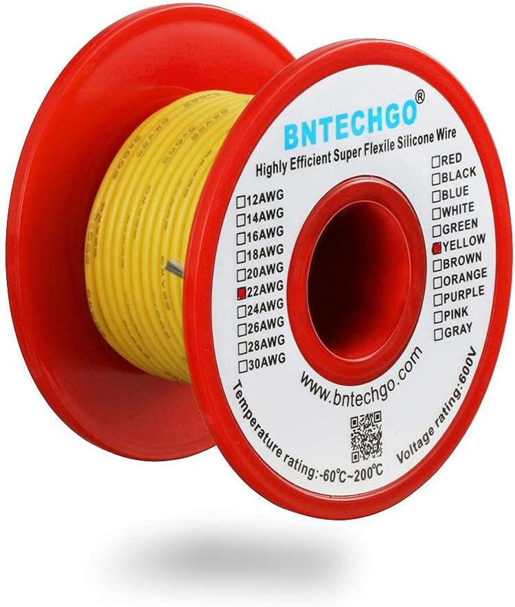 BNTECHGO 22 Gauge Silicone Wire Spool 50 ft Yellow Flexible 22 AWG Stranded Tinned Copper Wire