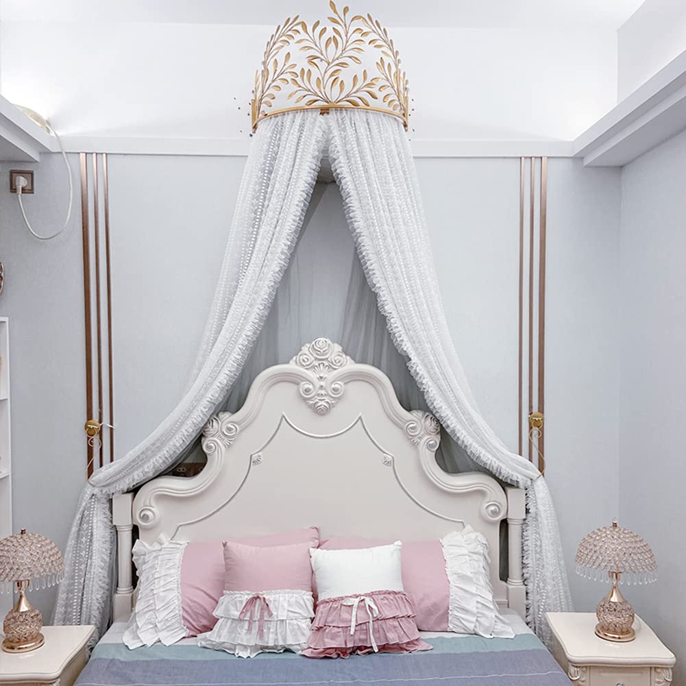 Corona A Zanzariere Letto GE&YOBBY Baldacchino Letto In Pizzo,Corona Principessa Tenda Letto Zanzariera Di Corte Con Decorativo Drapery Metal Crown Per Camera Da Letto- Bianca Baldacchino Bianco Per Camera Da Letto