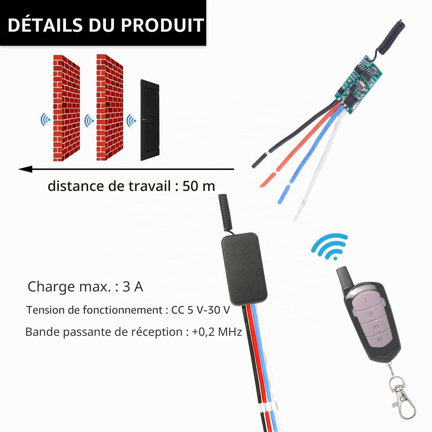 Interrupteur à Distance Sans Fil DC12V,3 Voies 3 Canaux DC 5V/12V/24V/30V/3A Mini Relais Interrupteur Sans Fil Télécommande pour Bandes lumineuses, Serrures de Porte