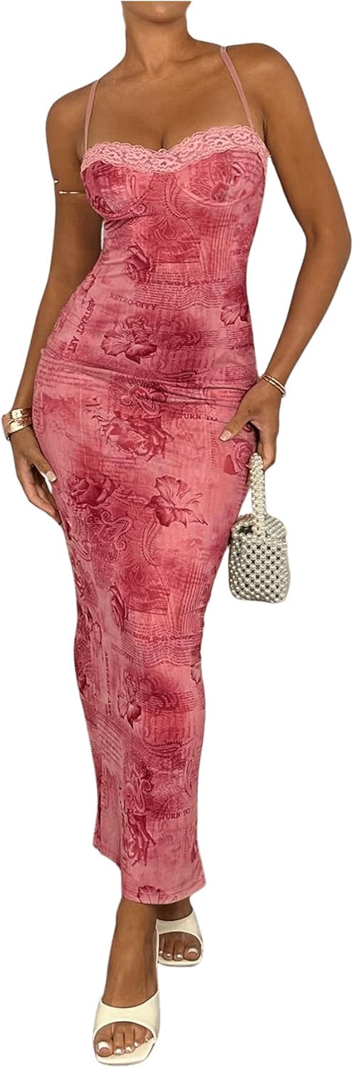 WDIRARA Women's Floral Print Sleeveless Bodycon Dress Lace Up Split Back Long Cami Dress