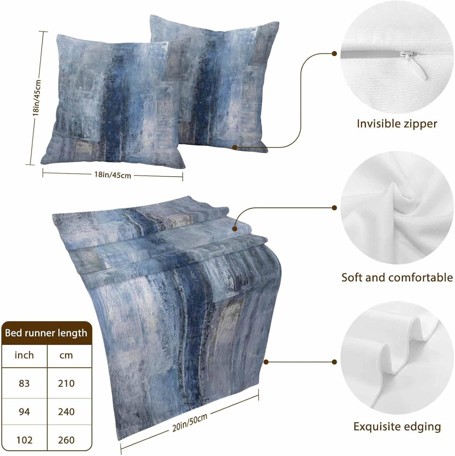 Bed Runner for King Size Bed, Blue Decorative Beds Runners and 2 Matching Pillow Covers Set, Retro Oil Painting Modern Abstract Art Aesthetics Beds Scarf Throw for Foot of Bedding Set for Hotel